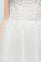 Sleeveless Long Split A-line Appliqued Tulle Prom Dresses