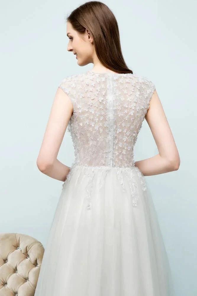 Sleeveless Long Split A-line Appliqued Tulle Prom Dresses