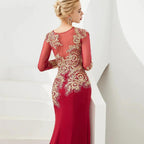 Slim Long Sleeves Gold Appliques Mermaid Evening Gowns Floor Length Event Party Dress