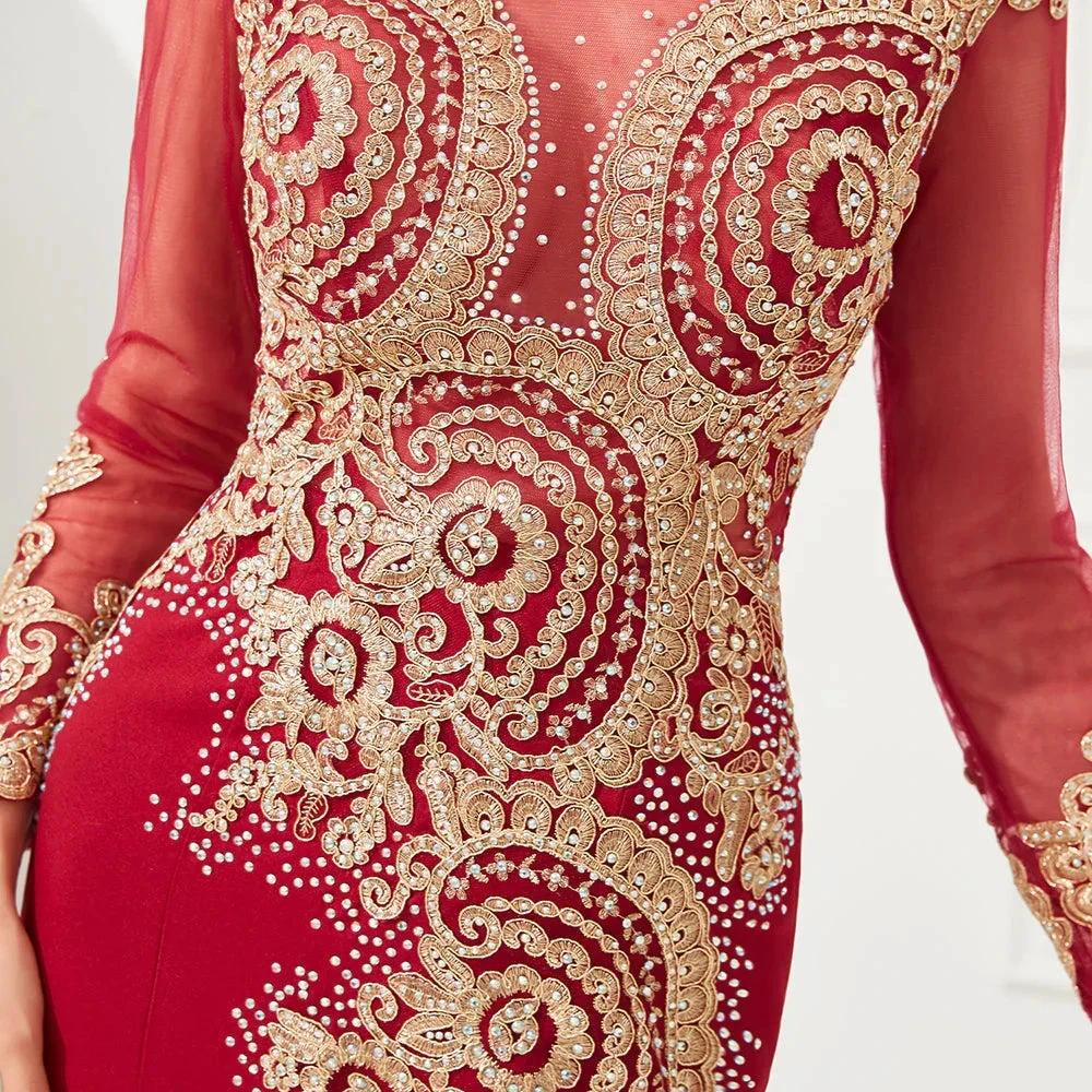 Slim Long Sleeves Gold Appliques Mermaid Evening Gowns Floor Length Event Party Dress