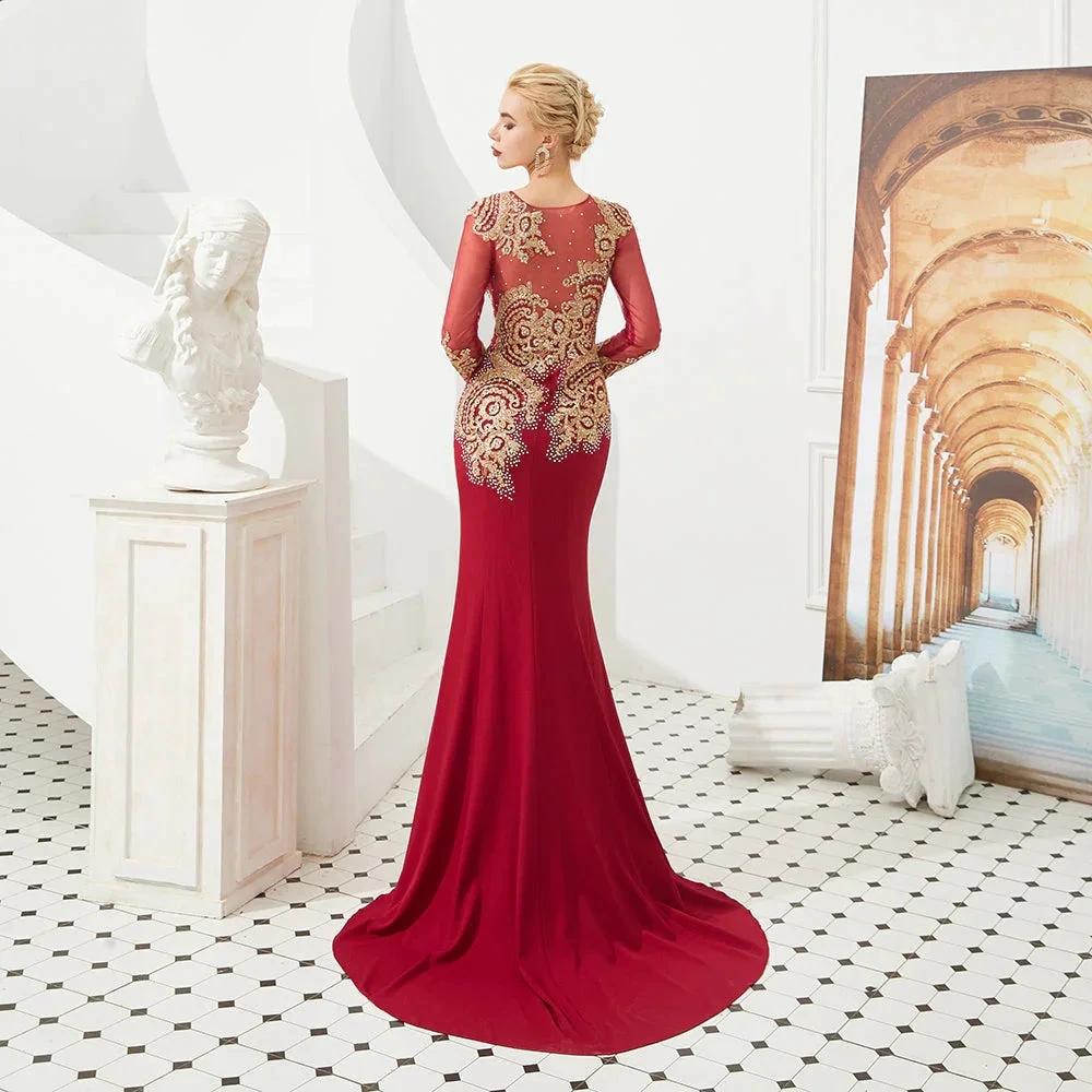 Slim Long Sleeves Gold Appliques Mermaid Evening Gowns Floor Length Event Party Dress