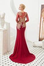 Slim Long Sleeves Gold Appliques Mermaid Evening Gowns Floor Length Event Party Dress