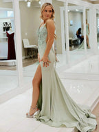 Solstice | Charming Mermaid V Neck Sage Green Slit Prom Dresses with Appliques