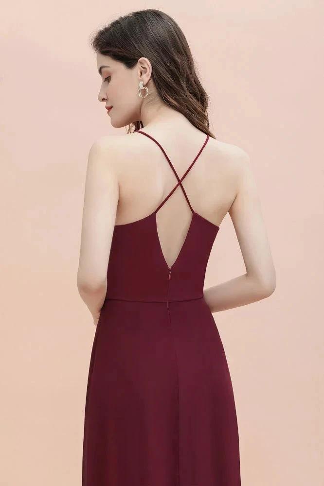 Spaghetti Bateau Aline Evening Maxi Dress Sequins Chiffon Bridesmaid Dress