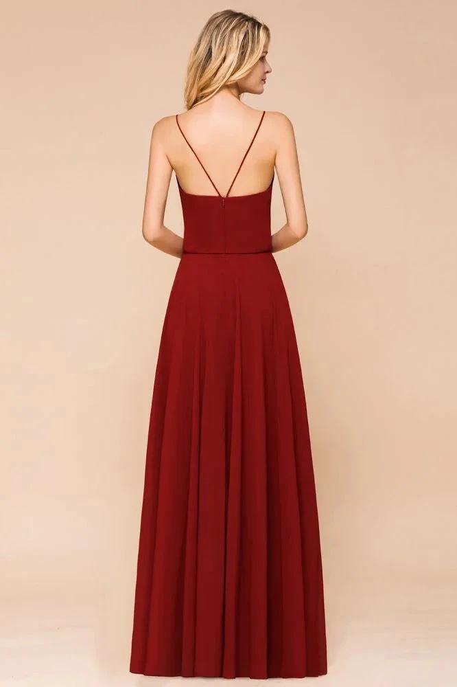 Spaghetti Chiffon Bridesmaid Dress Backless Burgundy Floor-Length Beach Wedding Dress