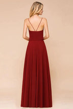 Spaghetti Chiffon Bridesmaid Dress Backless Burgundy Floor-Length Beach Wedding Dress
