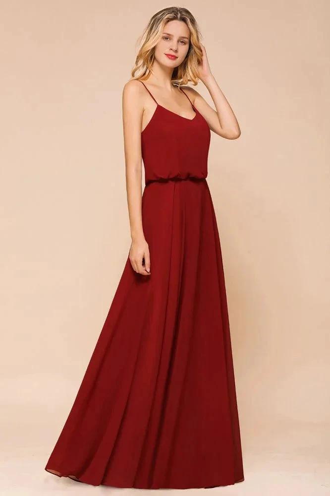 Spaghetti Chiffon Bridesmaid Dress Backless Burgundy Floor-Length Beach Wedding Dress