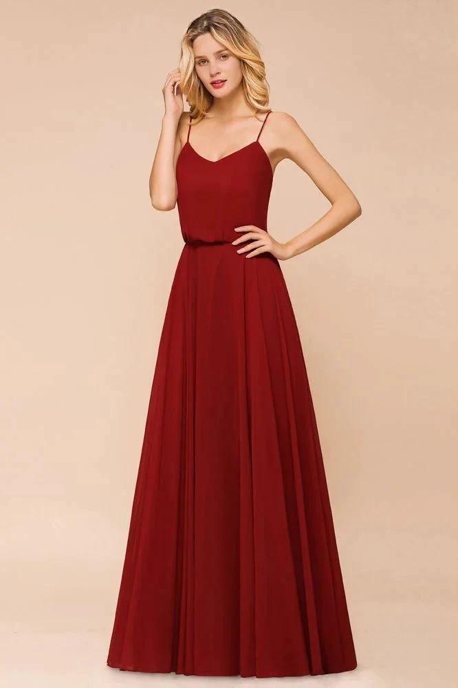 Spaghetti Chiffon Bridesmaid Dress Backless Burgundy Floor-Length Beach Wedding Dress