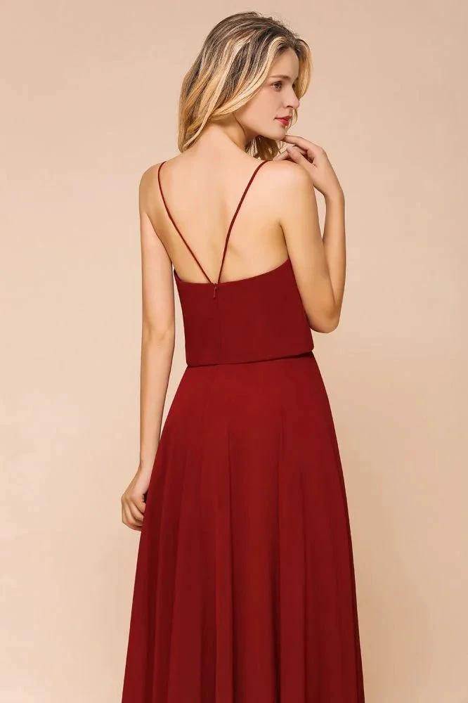 Spaghetti Chiffon Bridesmaid Dress Backless Burgundy Floor-Length Beach Wedding Dress