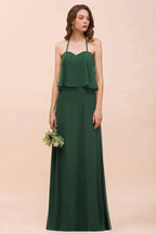 Spaghetti Chiffon Bridesmaid Dress Dark Green Maid of Honor Dress Floor Length