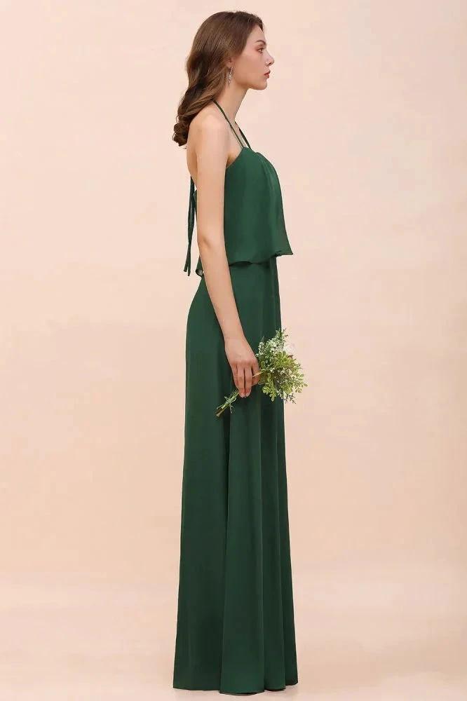 Spaghetti Chiffon Bridesmaid Dress Dark Green Maid of Honor Dress Floor Length