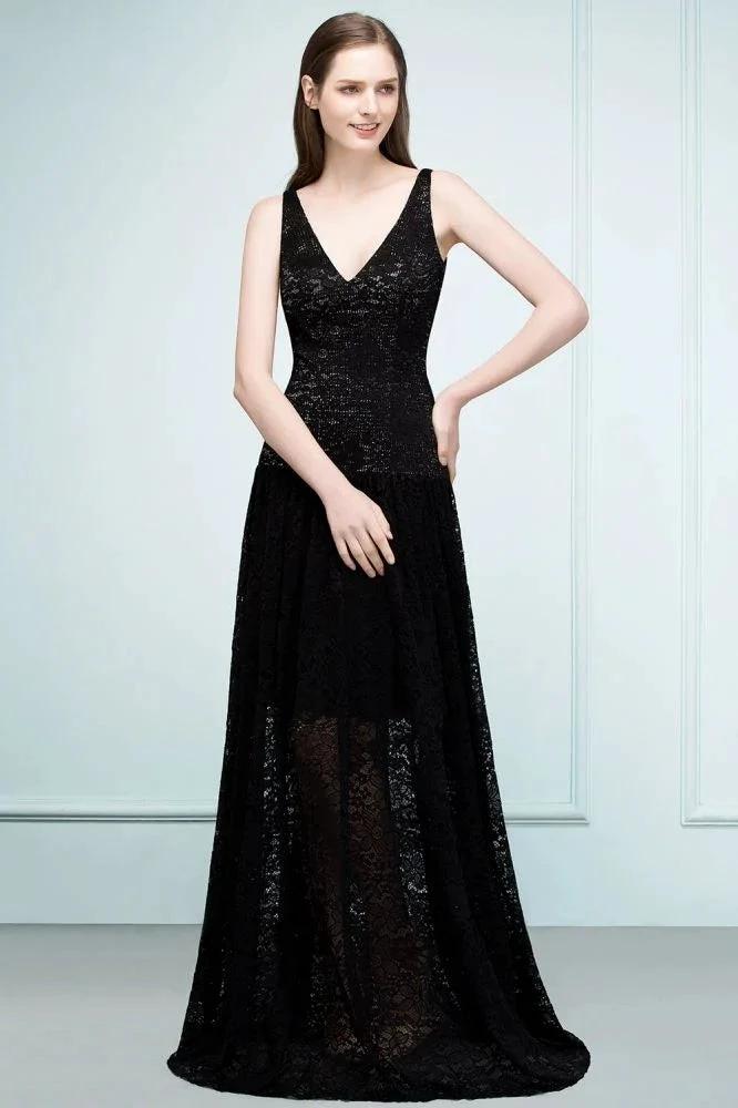 Spaghetti Floor Length A-line V-neck Lace Bridesmaid Dresses