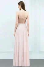 Spaghetti Sequined Top A-line Floor Length Chiffon Prom Dresses