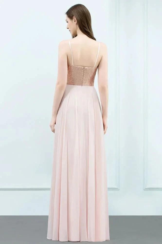 Spaghetti Sequined Top A-line Floor Length Chiffon Prom Dresses