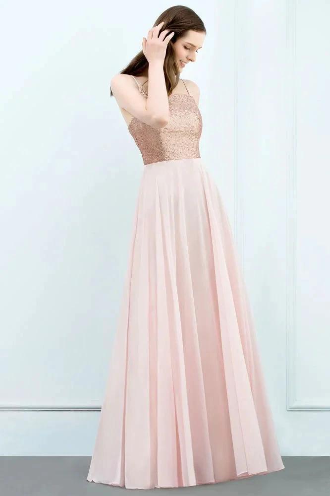 Spaghetti Sequined Top A-line Floor Length Chiffon Prom Dresses