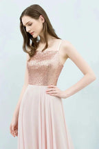 Spaghetti Sequined Top A-line Floor Length Chiffon Prom Dresses