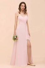 Spaghetti Side Split Pink Bridesmaid Dress Beach Simple Wedding Dress