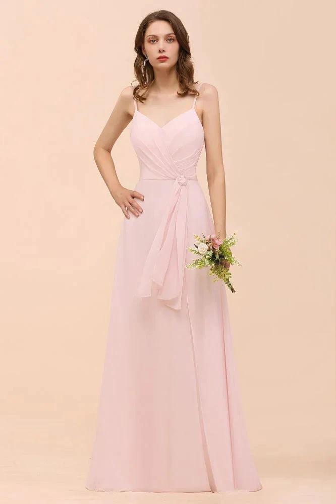 Spaghetti Side Split Pink Bridesmaid Dress Beach Simple Wedding Dress