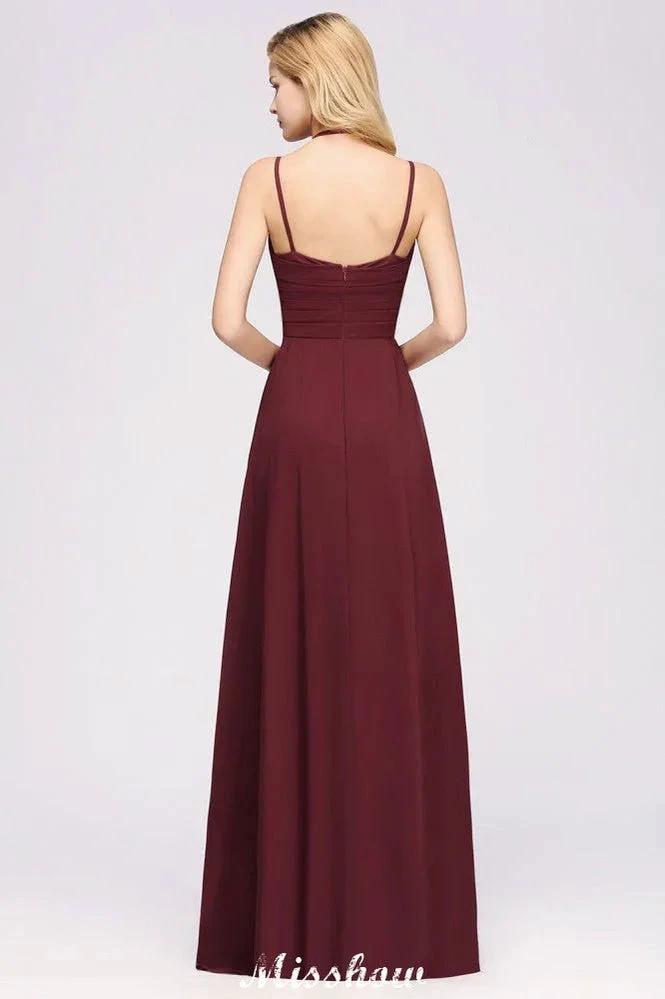 Spaghetti Sleeveless Ruffles A-line Chiffon Bridesmaid Dresses Straps Evening Maxi Dress