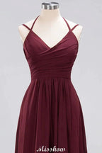 Spaghetti Sleeveless Ruffles A-line Chiffon Bridesmaid Dresses Straps Evening Maxi Dress