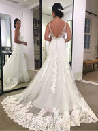 Spaghetti Strap Printed Backless Lace Beach Wedding Dresses with Sash   WD428