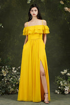 Spaghetti Strapes Off-the-shoulder Split Front Tulle Prom Dress