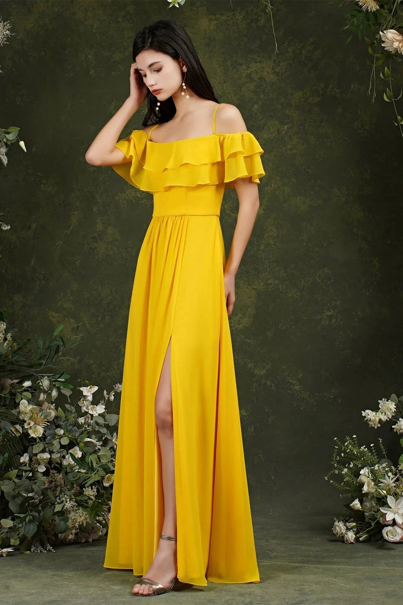 Spaghetti Strapes Off-the-shoulder Split Front Tulle Prom Dress