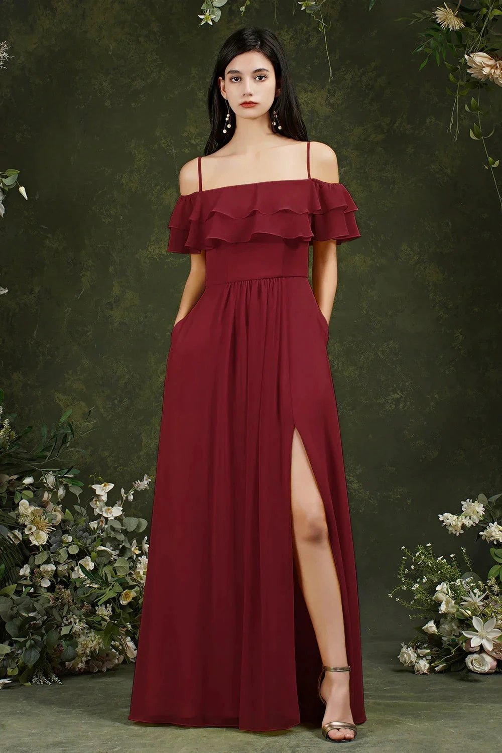 Spaghetti Strapes Off-the-shoulder Split Front Tulle Prom Dress