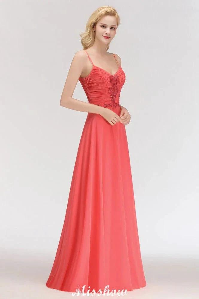 Spaghetti Straps Chiffon Aline Evening Maxi Gown Sleeveless Beading Bridesmaid Dress