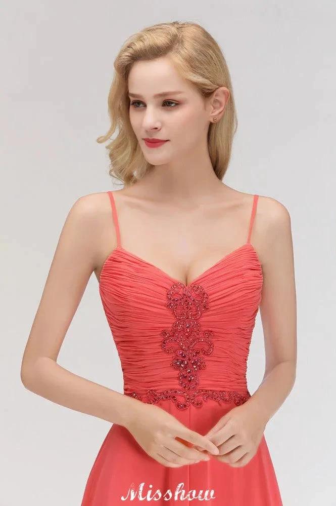 Spaghetti Straps Chiffon Aline Evening Maxi Gown Sleeveless Beading Bridesmaid Dress