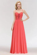 Spaghetti Straps Chiffon Aline Evening Maxi Gown Sleeveless Beading Bridesmaid Dress