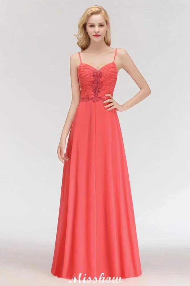 Spaghetti Straps Chiffon Aline Evening Maxi Gown Sleeveless Beading Bridesmaid Dress