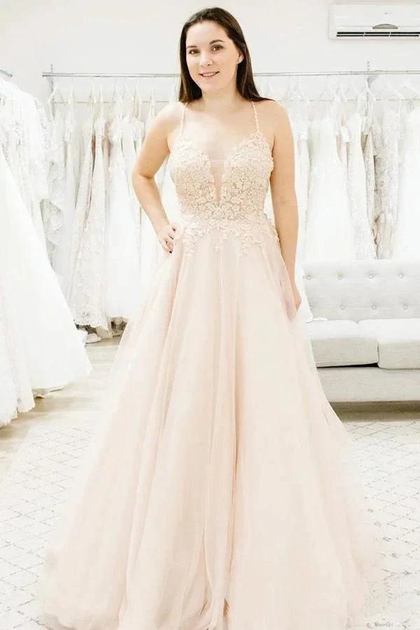 Spaghetti Straps Illusion Plunging V Neckline Wedding Dress WD458