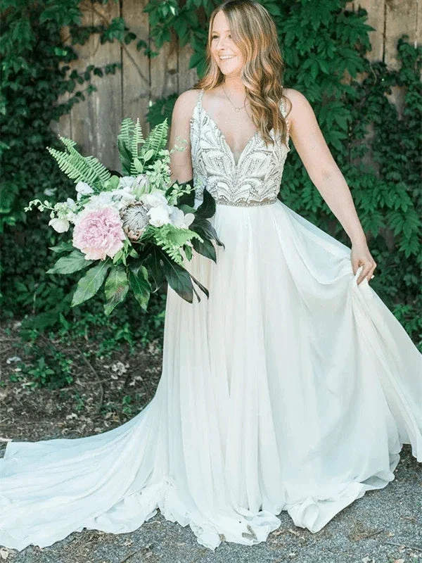 Spaghetti Straps Neckline A-line Rustic Wedding Dresses With Beaded WD549