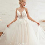 Spaghetti Straps Plunging V-Neck Wedding Dress Low Back Champagne Bridal Gown