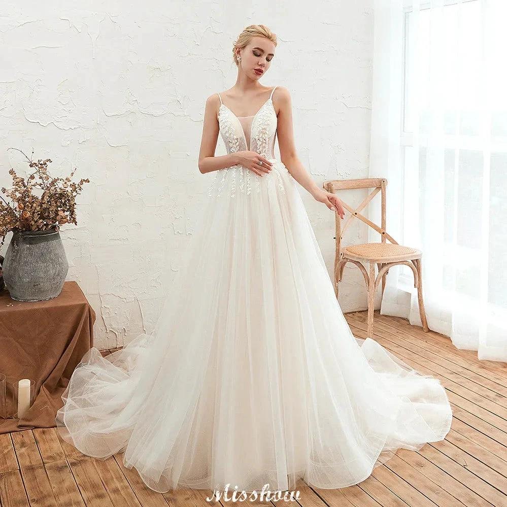 Spaghetti Straps Plunging V-Neck Wedding Dress Low Back Champagne Bridal Gown