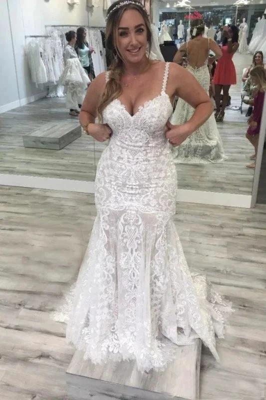 Spaghetti Straps Pretty Mermaid V Neck Backless Lace Elegant Wedding Dresses