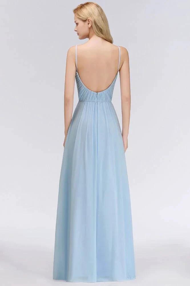 Spaghetti Straps Ruggle Chiffon Bridesmaid Dress Sky Blue A-line Wedding Party Dress