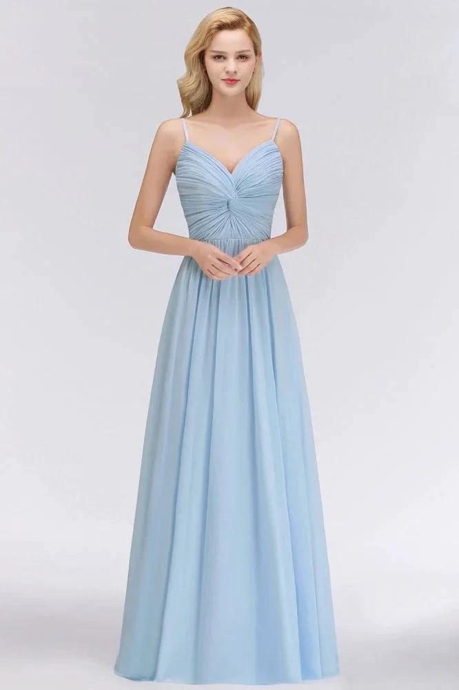 Spaghetti Straps Ruggle Chiffon Bridesmaid Dress Sky Blue A-line Wedding Party Dress