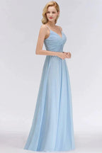 Spaghetti Straps Ruggle Chiffon Bridesmaid Dress Sky Blue A-line Wedding Party Dress