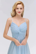 Spaghetti Straps Ruggle Chiffon Bridesmaid Dress Sky Blue A-line Wedding Party Dress