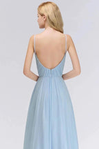 Spaghetti Straps Ruggle Chiffon Bridesmaid Dress Sky Blue A-line Wedding Party Dress