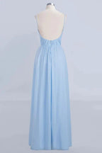 Spaghetti Straps Ruggle Chiffon Bridesmaid Dress Sky Blue A-line Wedding Party Dress