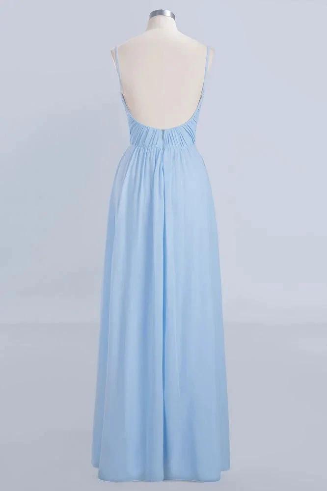 Spaghetti Straps Ruggle Chiffon Bridesmaid Dress Sky Blue A-line Wedding Party Dress