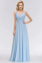 Spaghetti Straps Ruggle Chiffon Bridesmaid Dress Sky Blue A-line Wedding Party Dress