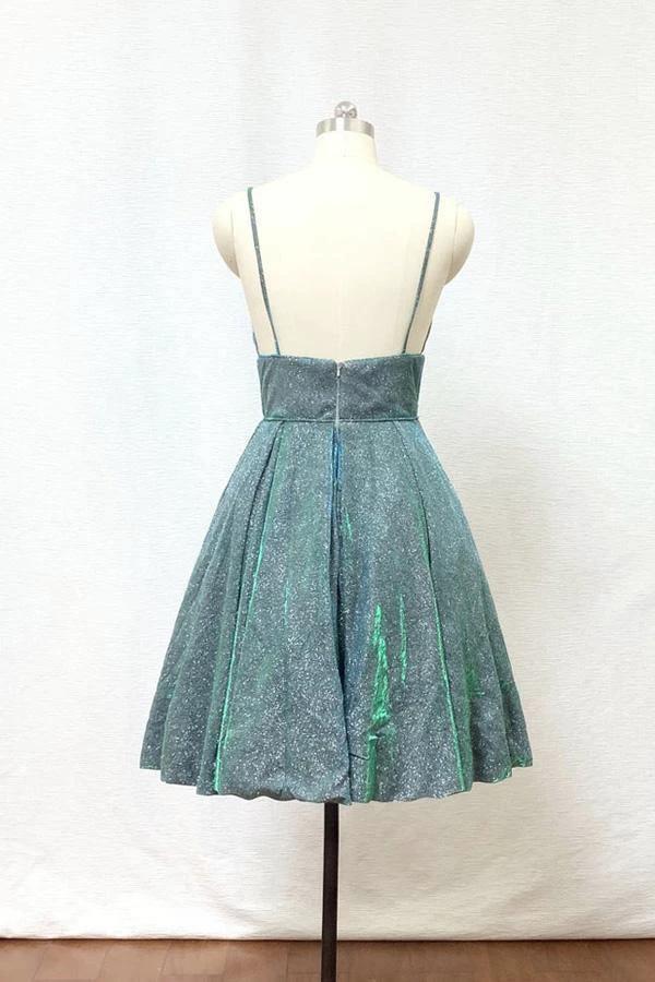 Spaghetti Straps Silver Green Glitter Short Homecoming Dress with Pockets PD428