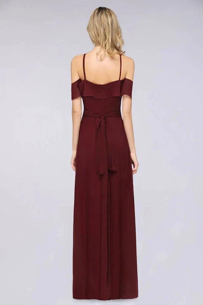 Spaghetti-Straps Sleeveless Ruffles Floor-Length Bridesmaid Dress with Bow Sash