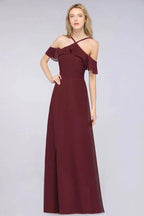 Spaghetti-Straps Sleeveless Ruffles Floor-Length Bridesmaid Dress with Bow Sash