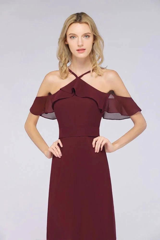Spaghetti-Straps Sleeveless Ruffles Floor-Length Bridesmaid Dress with Bow Sash