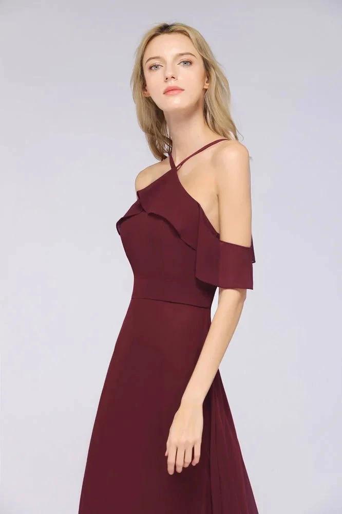Spaghetti-Straps Sleeveless Ruffles Floor-Length Bridesmaid Dress with Bow Sash